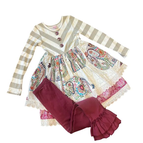 Giggle Moon Other - Giggle Moon 7 Girls Long Sleeve Dress Leggings Outfit Maroon Whimsical Elephant